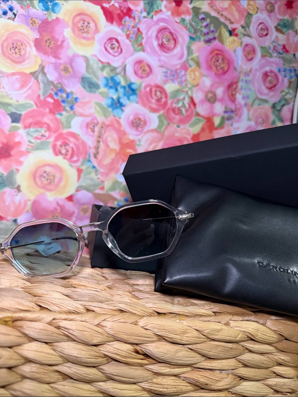 Carolina Lemke Clear Transparent Round Frame - Blue Lenses with Leather Case